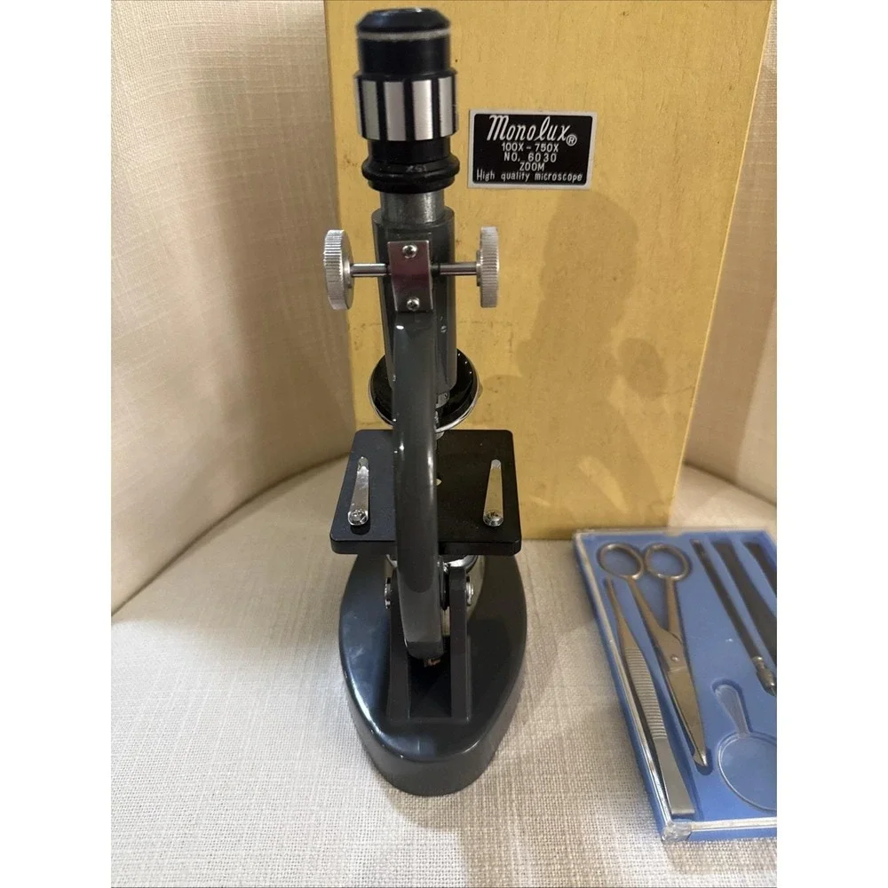 Vintage Monolux No. 6030 Microscope Kit 100x–750x Japan Wood Case‎ READ